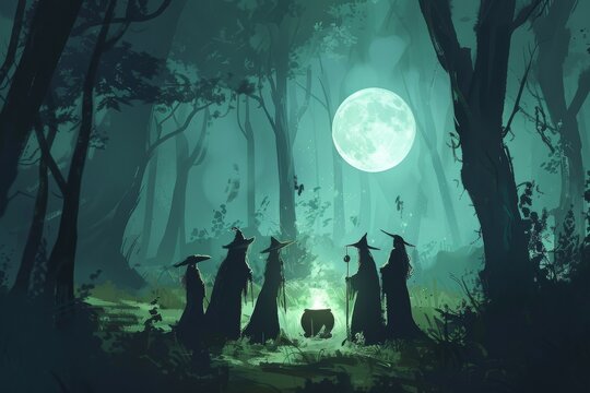 Shadowy figures encircle a cauldron a witch coven performing a forest ritual beneath the full moon