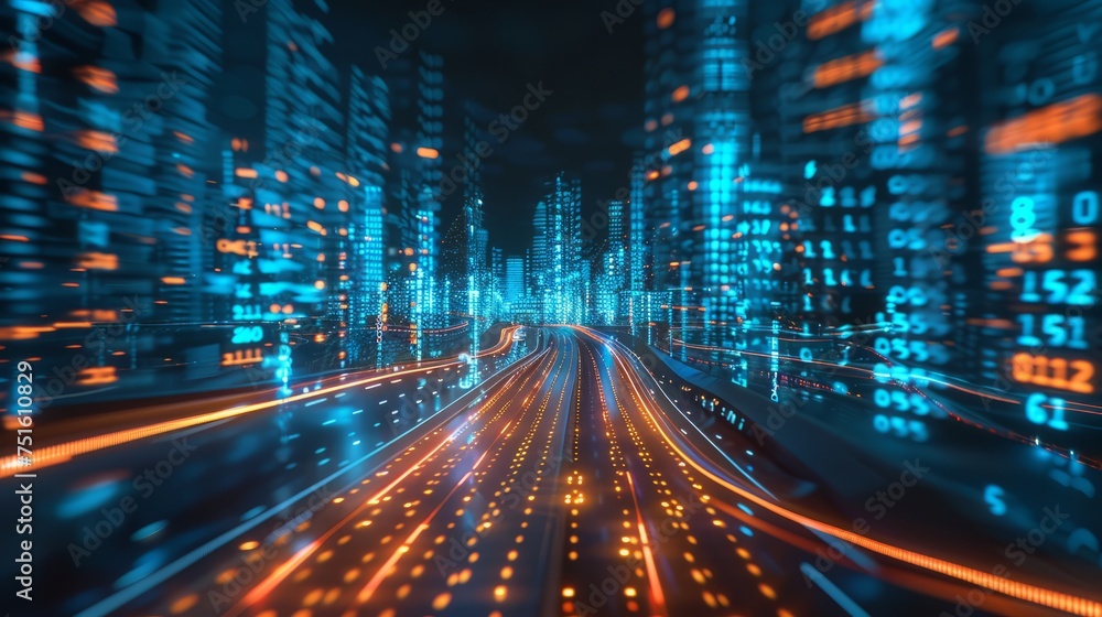 Poster abstract digital highway: 3d rendering of binary towers in cityscape, symbolizing big data, ai, vr, 