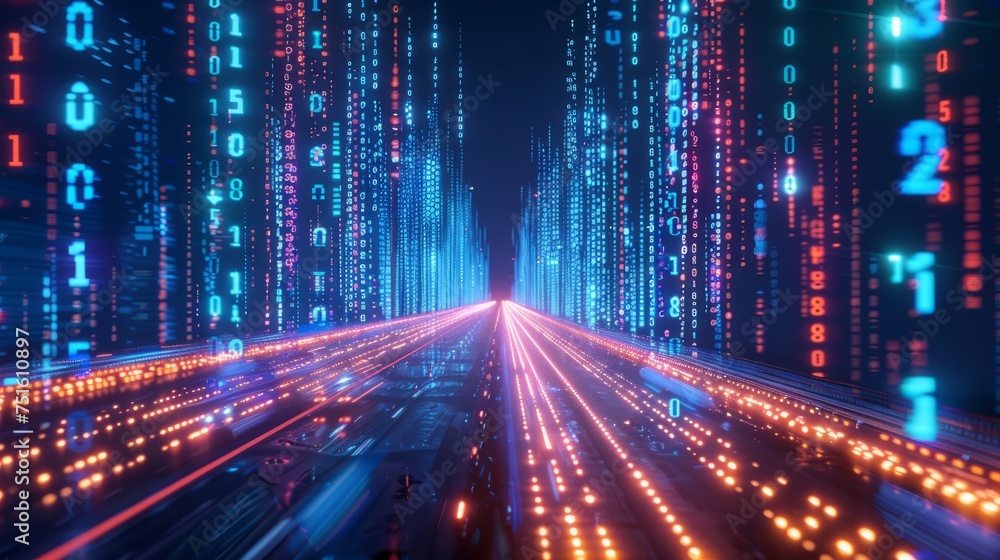 Poster abstract digital highway: 3d rendering of binary towers in cityscape, symbolizing big data, ai, vr, 