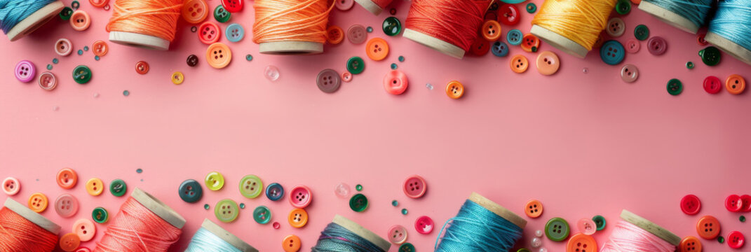 Colorful sewing threads and buttons on pink backdrop, panoramic layout - Powered by Adobe