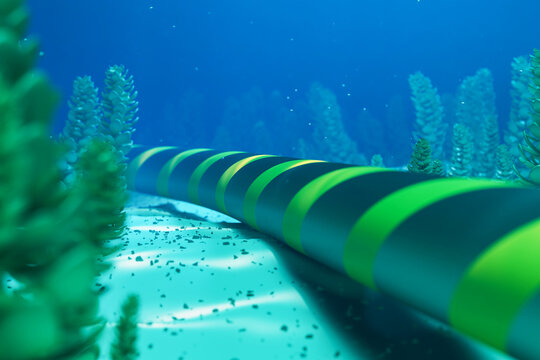 Internet communication cable on the seabed in the ocean. 3d rendering