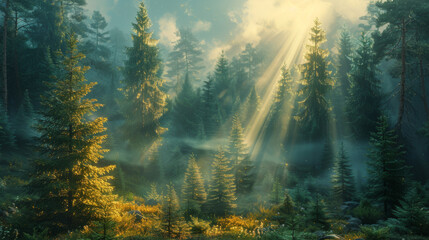 Natural Forest of Spruce Trees, Sunbeams through Fog create mystic Atmosphere. - obrazy, fototapety, plakaty