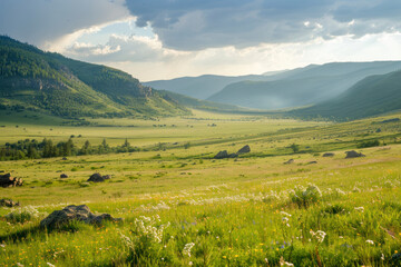 Fototapeta premium A large mountain steppe valley and summer pasture.