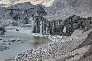 Melt pools inside the Ngozumpa Glacier, Nepal's largest glacier with massive debris, stone, ice and clay deposits flowing from Mount Cho Oyu and giving rise to the Dudh Kosi river in Nepal