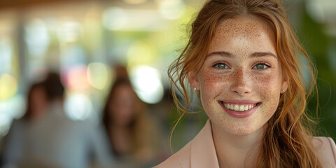Close-up of a joyful young woman with freckles and a bright smile, blurred background - Powered by Adobe