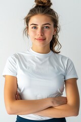 Fototapeta premium captivating photograph of a sport influencer woman against a pure white background, presenting a frontal shot infused with a bright and uplifting theme, radiating a genuine, natural beauty