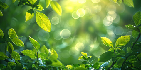 Sunlight filtering through fresh green leaves, creating a soft, natural backdrop