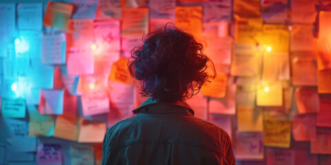 A profile silhouette of a person against a vibrant neon-lit wall of sticky notes