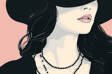 Female illustration in a minimalist hand drawn style showcasing a fashionable actress with a pearl necklace and a big hat against a solid color background