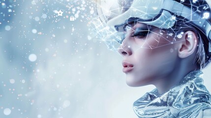  Modern robot fashion: futuristic model in silver attire and digital glasses, virtual icons adorned - future technology concept