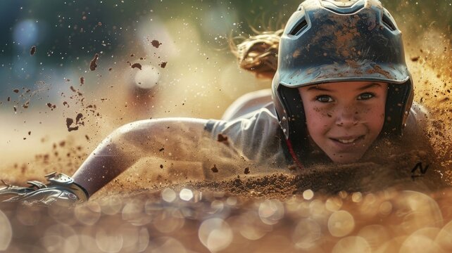 A closeup of a young woman's sliding into home plate head first