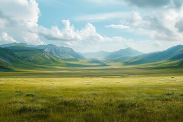 A large mountain steppe valley and summer pasture. - obrazy, fototapety, plakaty