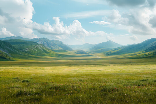 A large mountain steppe valley and summer pasture.