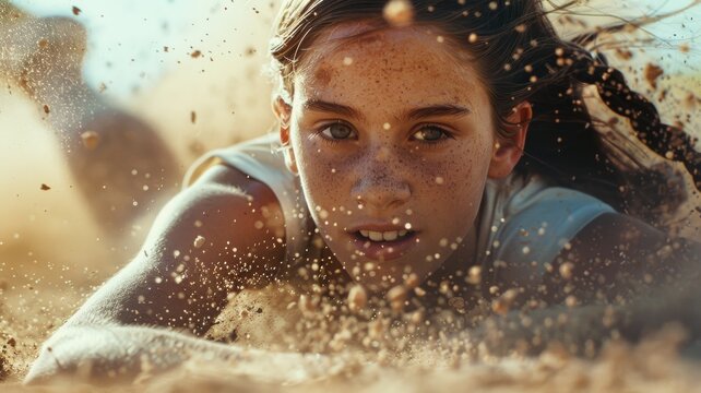 A closeup of a young woman's sliding into home plate head first