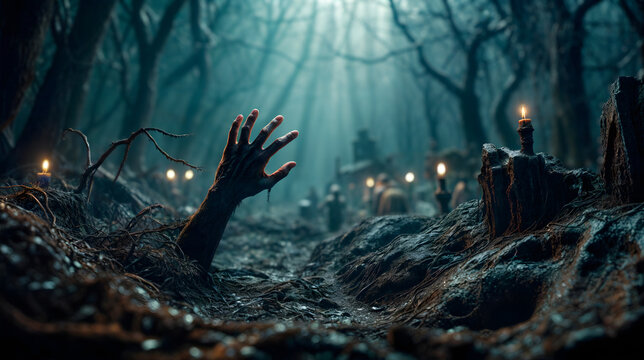 Undead hand emerging from the tomb. Eerie Halloween horror. Generative AI