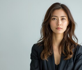 Obraz premium Experience the realism of a beautiful Asian businesswoman portrayed against a pure white background, with meticulous clarity and sharpness, tailored for an impactful business banner design