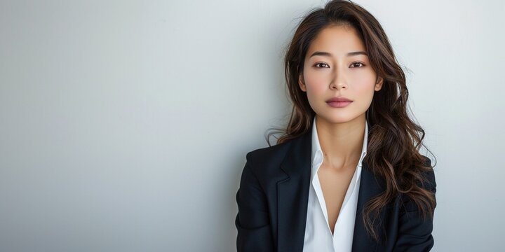 Immerse yourself in the photorealistic depiction of a captivating Asian businesswoman on a pristine white backdrop, ensuring clarity and sharpness for a refined business banner design