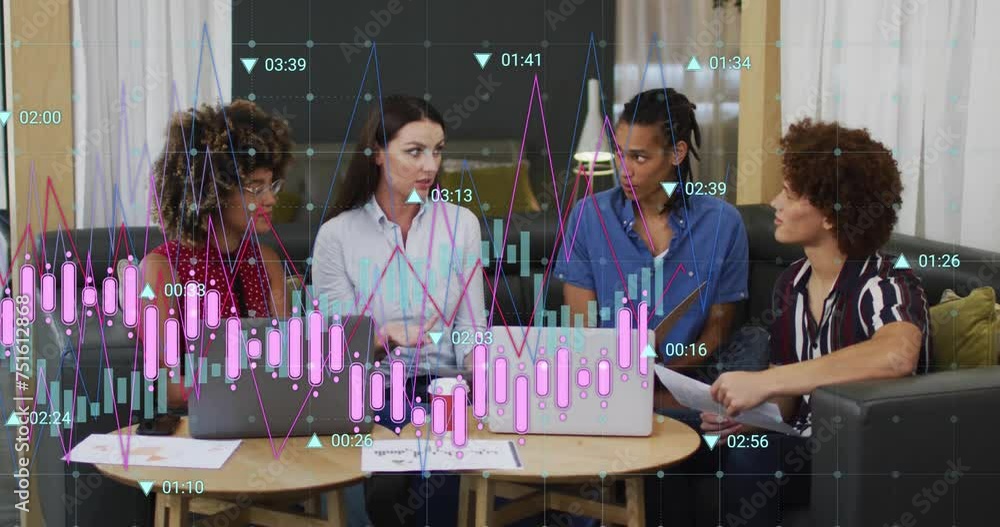 Poster animation of graph processing data over diverse colleagues with laptops at casual office meeting