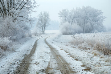 Dirt road leading to frosted woodland along snowy farmland.