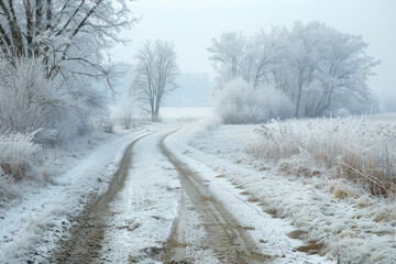 Obraz premium Dirt road leading to frosted woodland along snowy farmland.