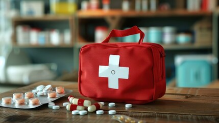 First aid kit with pills on table in living room