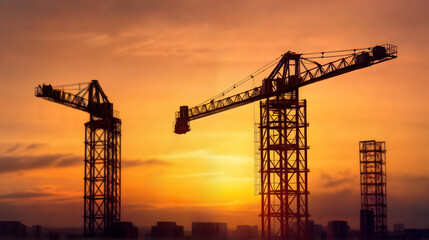 Fototapeta na wymiar Silhouette of construction cranes against orange sunset, Generative AI