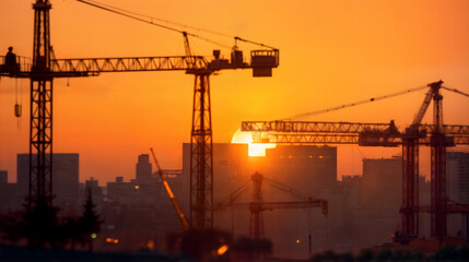 Fototapeta na wymiar Silhouette of construction cranes against orange sunset, Generative AI