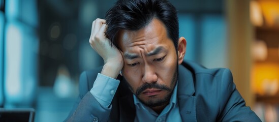 Obraz premium Stressed businessman in suit sitting at desk with head in hands overwhelmed with work