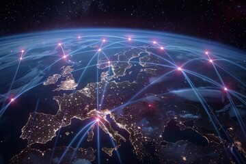 Internet in the Sky visualizes a world connected by high speed satellite internet linking remote areas to global networks - obrazy, fototapety, plakaty