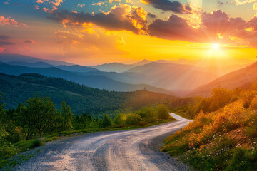 Mountain road at colorful sunset in summer. - Powered by Adobe