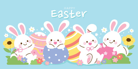 Obraz na płótnie Canvas Happy Easter day rabbit background vector. Cute wallpaper of lovely white rabbit, easter eggs, bunny, flower, leaf. Spring April holiday illustration for banner, greeting card, social media.