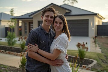 Fototapeta premium A joyful millennial couple embraces in front of their sleek modern home, radiating happiness and excitement