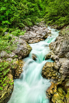 Long exposure photo of the Sava Bohinjka river in Triglav National Park, Slovenia