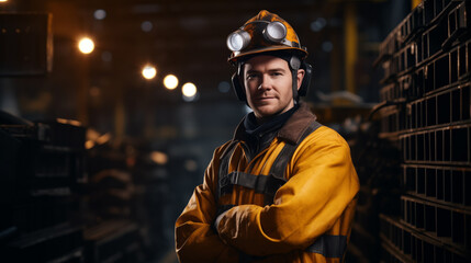 A man wearing a safety helmet and work suit at a metal fabrication plant - Powered by Adobe