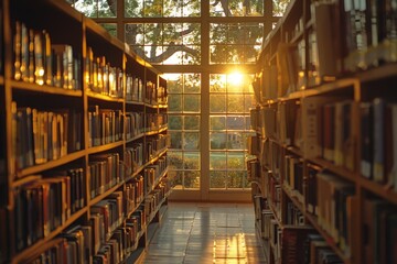 Sunlit Library in Light Academia Style