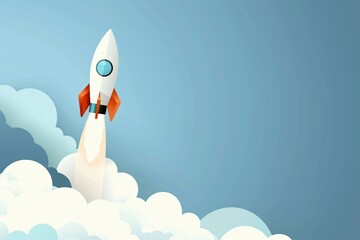 Minimalist illustration of a rocket launching symbolizing startup growth and ambition against a motivating sky blue background with copyspace for inspiring messages