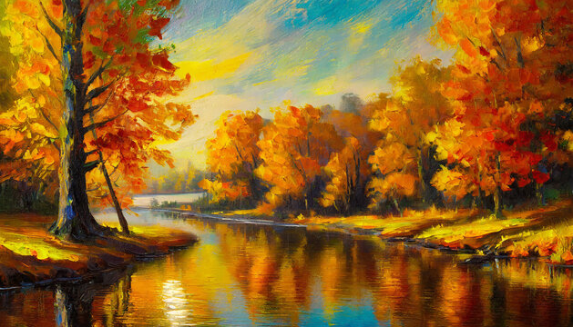 Oil painting of landscape with orange trees and river. Natural autumn scenery.
