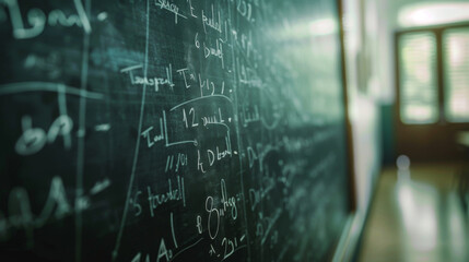 Blackboard with blurred mathematical equations in a classroom - obrazy, fototapety, plakaty