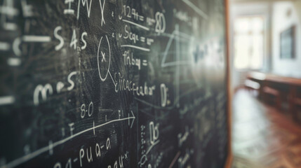 Blackboard with various mathematical symbols and formulas
