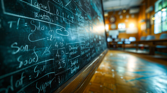 Chalkboard with complex mathematical equations in a bright classroom