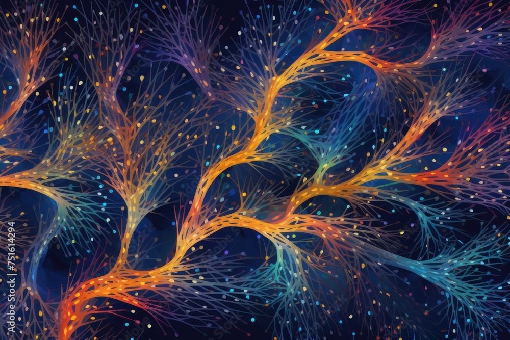 Poster ai inspired neural network pattern, 3d illustration of neuron cell with glowing particles, ai genera
