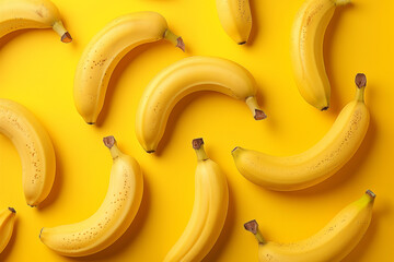 Ripe bananas, isolated vibrant yellow background, top view. Flat lay pattern. Summer fruit natural wallpaper. Concept of healthy eating, tropical fruit, vegetarian raw food.