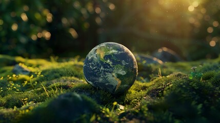 Obraz na płótnie Canvas Globe on green moss in the forest at sunset. 3d render