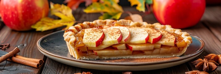 Apple Pie Slice, Fruit Cinnamon Dessert, Apple Cake, Delicious Thanksgiving Tart, Copy Space