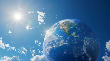 Earth planet with green trees and blue sky background. 3d rendering