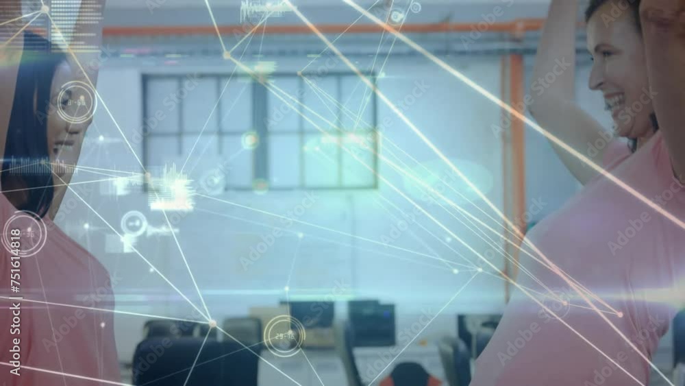 Poster animation of network and data processing over happy diverse female colleagues embracing at office