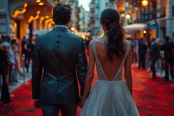 Elegant couple from behind walking down the red carpet, man in a shimmering black suit and woman in a sparkling low-back dress.