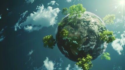 Earth planet with green trees and blue sky background. 3d rendering