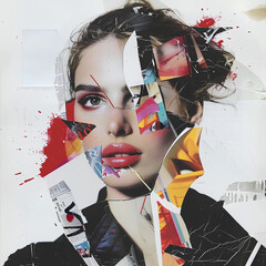 collage di primo piano di modella con stralci di rivista