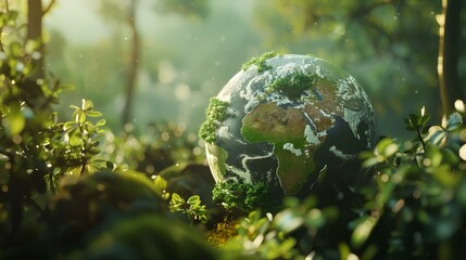 Obraz na płótnie Canvas Earth planet with green trees and blue sky background. 3d rendering